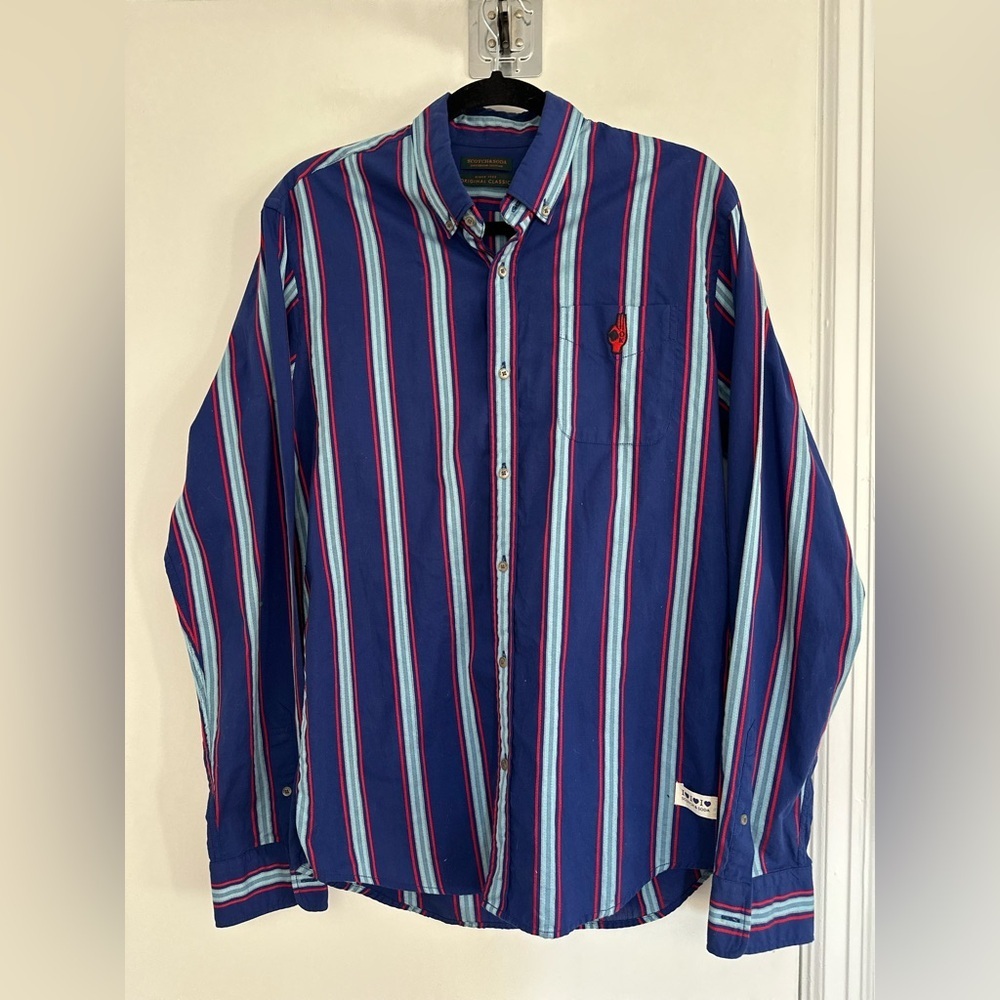 EUC Scotch & Soda Sz: L navy, light blue red Vertical Stripe Button Down Shirt